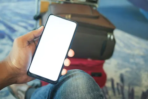 A traveller holding a phone beside luggage in an airport